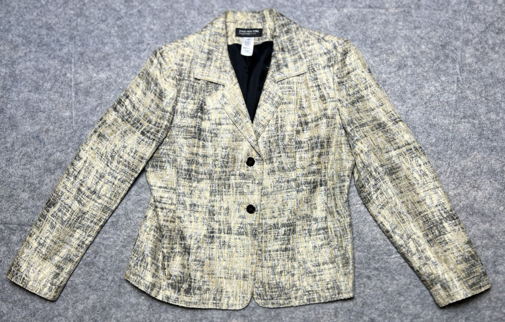 Jones New York Blazer Jacket Womens 12 Petite Gold Silver Shiny Patterned Formal